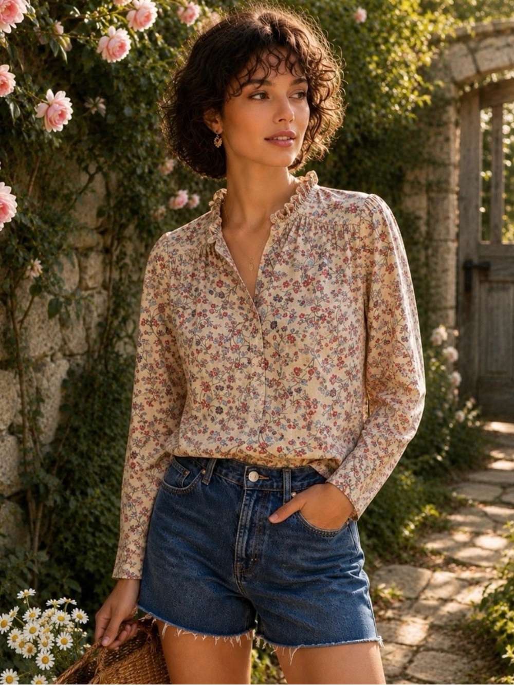House of Harlow 1960 Floral Cotton Blouse XS Ruffle Neck Cottagecore Boho Romant
